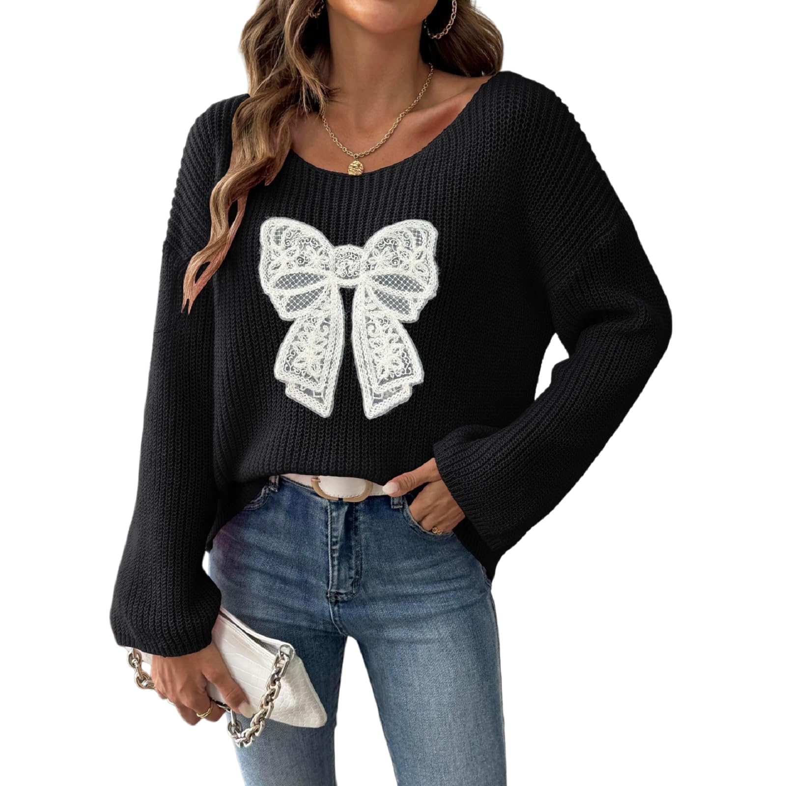 Womens Long Sleeve Pullover Sweaters Crew Neck Bow Knot Embroidery Knit Tops
