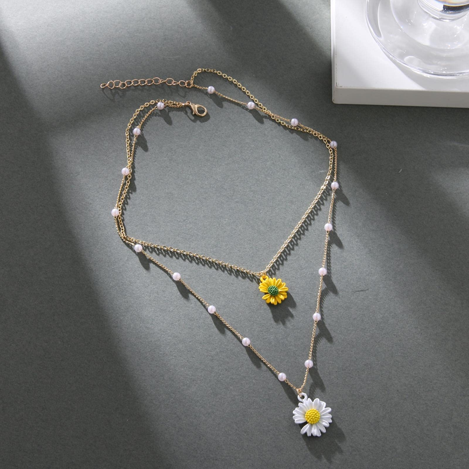 Goud Gelaagde Bloem Hanger Ketting Vrouwen Bohemian Kleine Daisy Parel Ketting Kraag Ketting Vrouwelijke Sieraden Geschenken