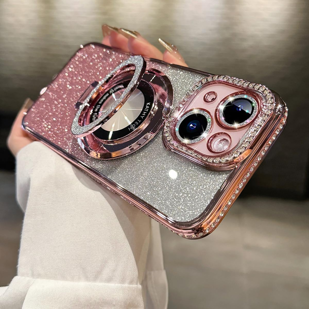 for iPhone 15 Plus Case, Compatible with Magsafe Shockproof Bling Diamonds Kickstand Ring Holder Camera Lens Protector Girls Woman Glitter Cute Phone Cover for iPhone 15 Plus (Pink) - Image 5