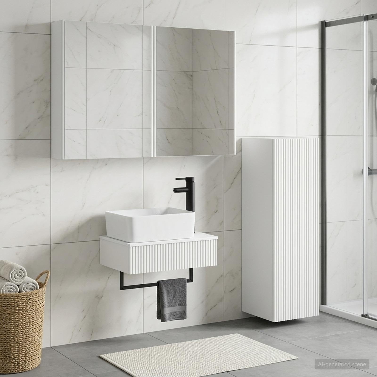 Juego de 4 muebles de baño de madera y cristal, color blanco, montaje en pared, con iluminación LED, espacio de almacenamiento, espejo de doble cara, fuente de alimentación USB