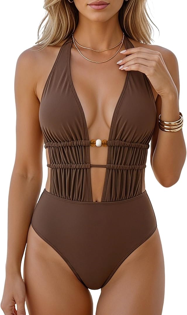 Bañador de Una Pieza Mujer Reductor Abdominal Push Up Moldeador Escote V Fruncido Sexy Espalda Descubierta Cordón Moda Playa Marrón Swimsuit