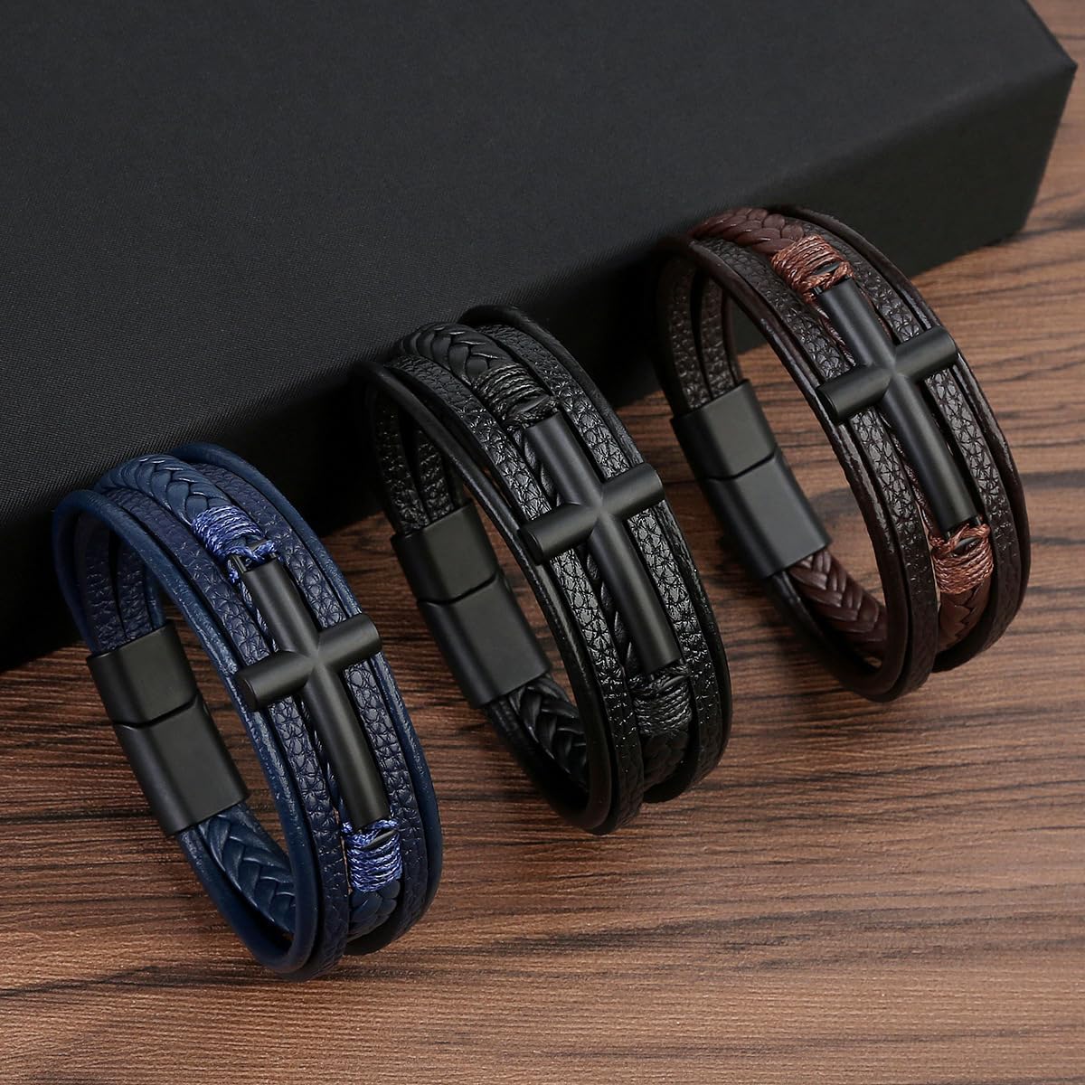 Stainless Steel Braided Leather Bracelet for Men Cuff Bangle Cross Magnetic Clasp