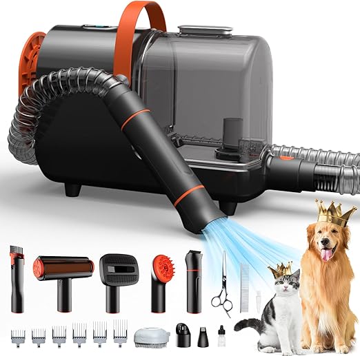 Bunfly Dog Hair Vacuum & Pet Grooming Kit - 13,000KPa Powerful Suction, 99% Pet Hair Removal, 3.5L Capacity, 16 Grooming Tools for Dogs, Cats & More, Home Cleaning- Black&Orange