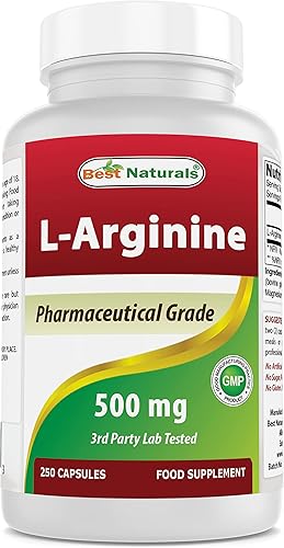 Best Naturals L-arginina 500 mg 250 cápsulas - Suplemento de arginina L de grado farmacéutico promueve la síntesis de óxido nítrico