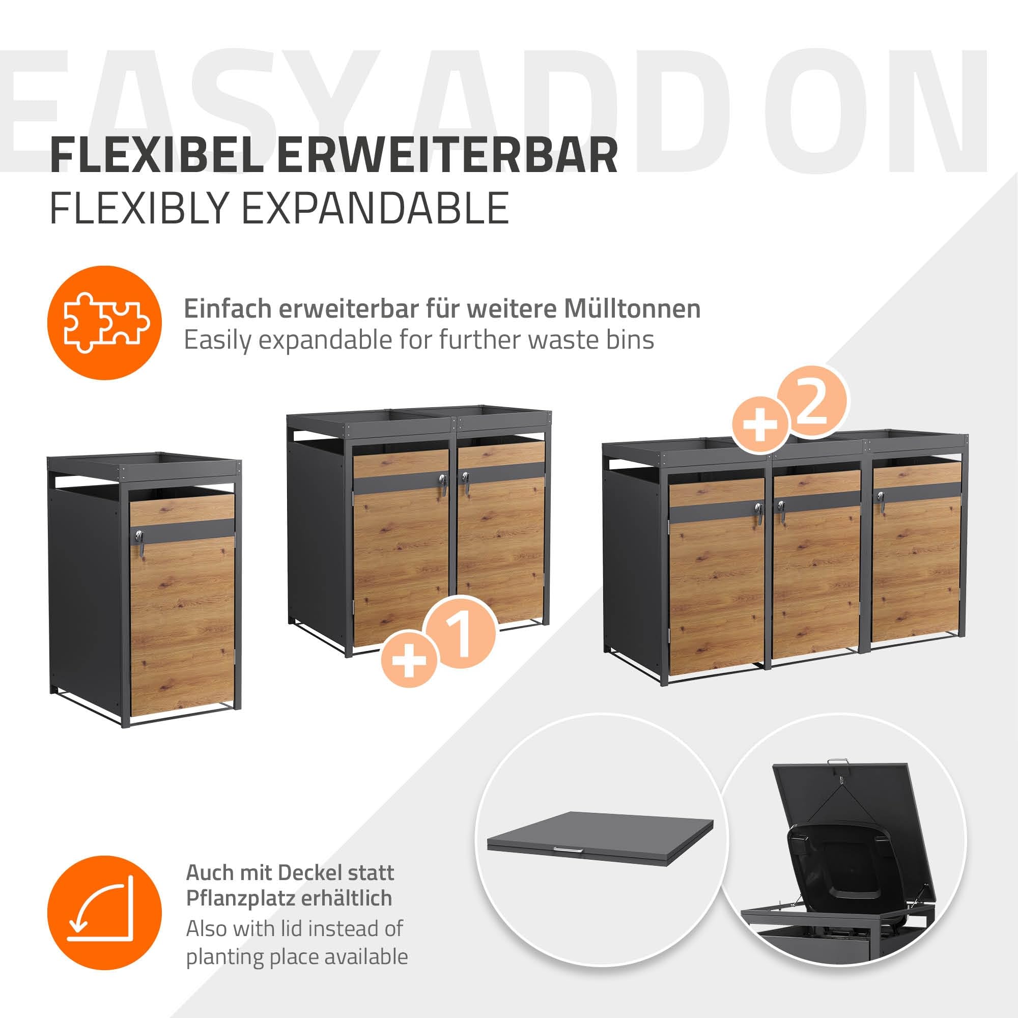 ML-Design Mülltonnenbox 1er 240L mit Pflanzdach, Mülltonnenverkleidung für 1 Mülltonne, Müllbox wetterfest, Mülltonnenhaus aus Stahl, Müllcontainer, abschließbare Tür, 68x80x124 cm Anthrazit-Holzoptik