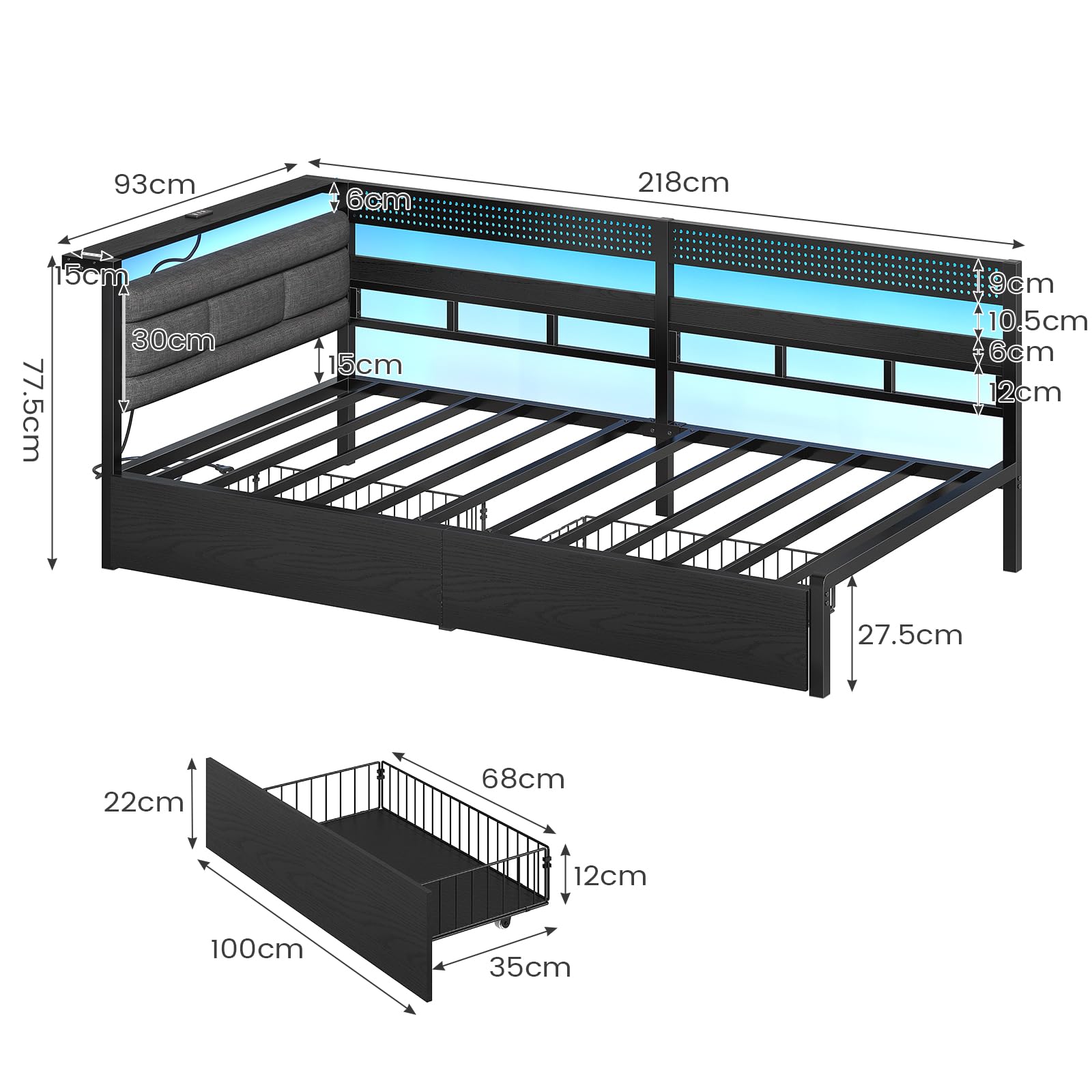 KIMENICH Polsterbett Schlafsofa 90x200 mit LED-Beleuchtung, Ladestation, Tagesbett, Jugendbett mit 2 Schubladen und Lattenrost aus Metall, Gepolstertes Kopfteil mit Offener Ablage, Schwarz