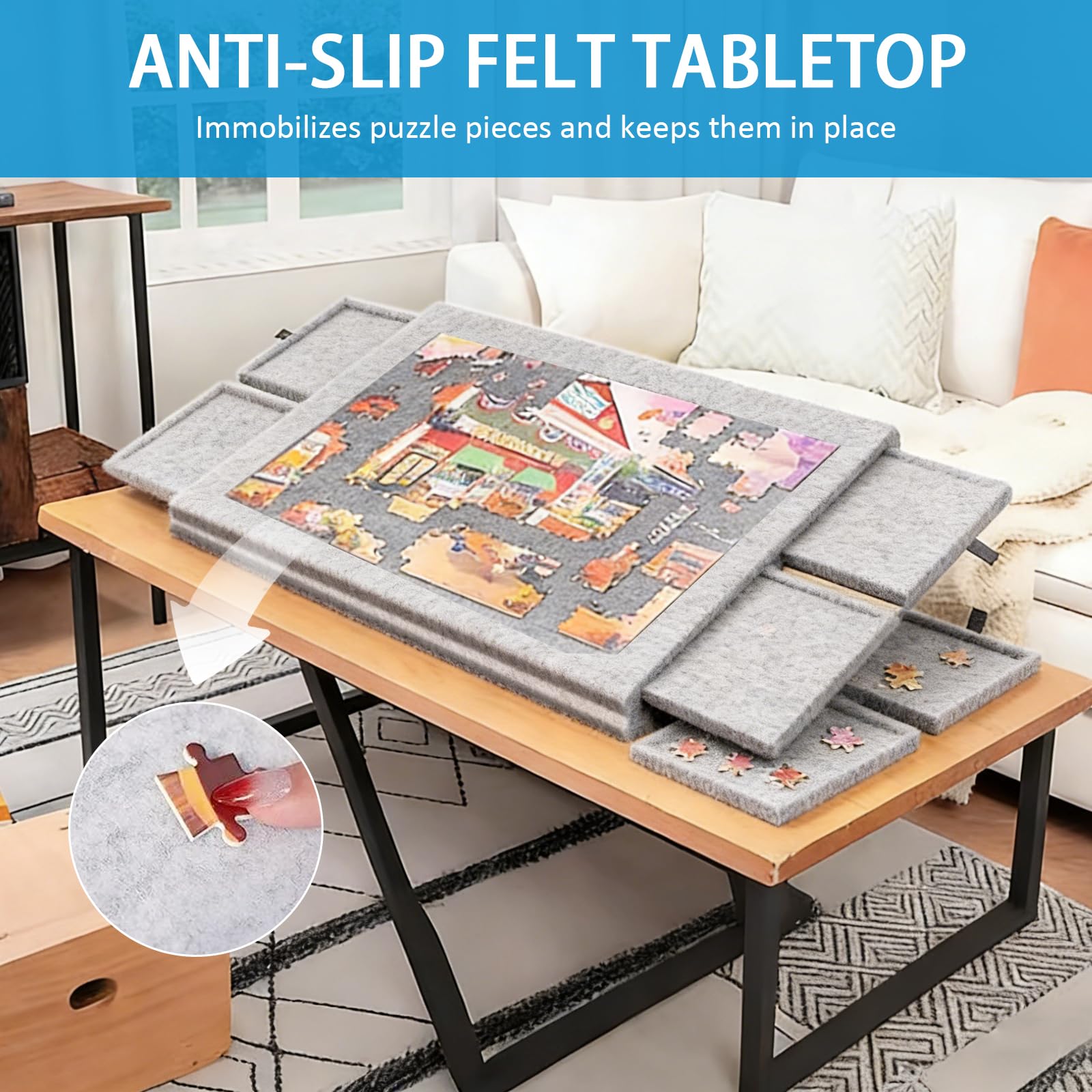 Tavolo per Puzzle Inclinabile con 6 Cassetti e Copertura - Tavola Leggera in Feltro per Fino a 1000 Pezzi - Con Supporto 2-in-1 e Maniglia da Trasporto - Ideale per Adulti e Appassionati di Puzzle - 4