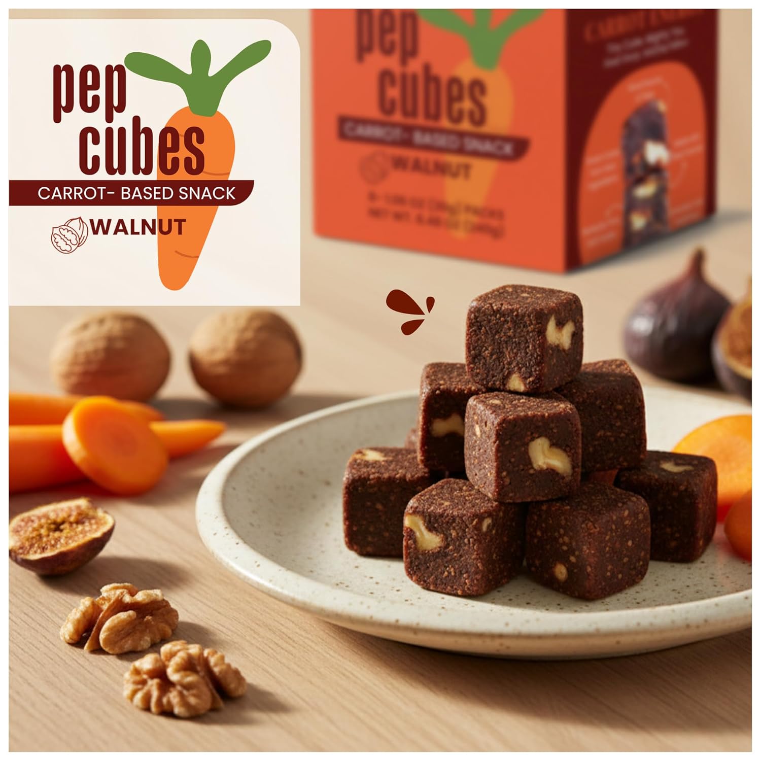 PEPCUBES, Carrot Based Snacks, Cube Bar, Walnut (8 pack), No Sugar Added | High Fiber, Low Calorie, Plant-Based, Gut-Friendly, Gluten Free, Dairy Free, Grain Free, Real Ingredients, Energizing Features for Adults, Vegetarian Friendly | 8 ct, 1.06 oz each