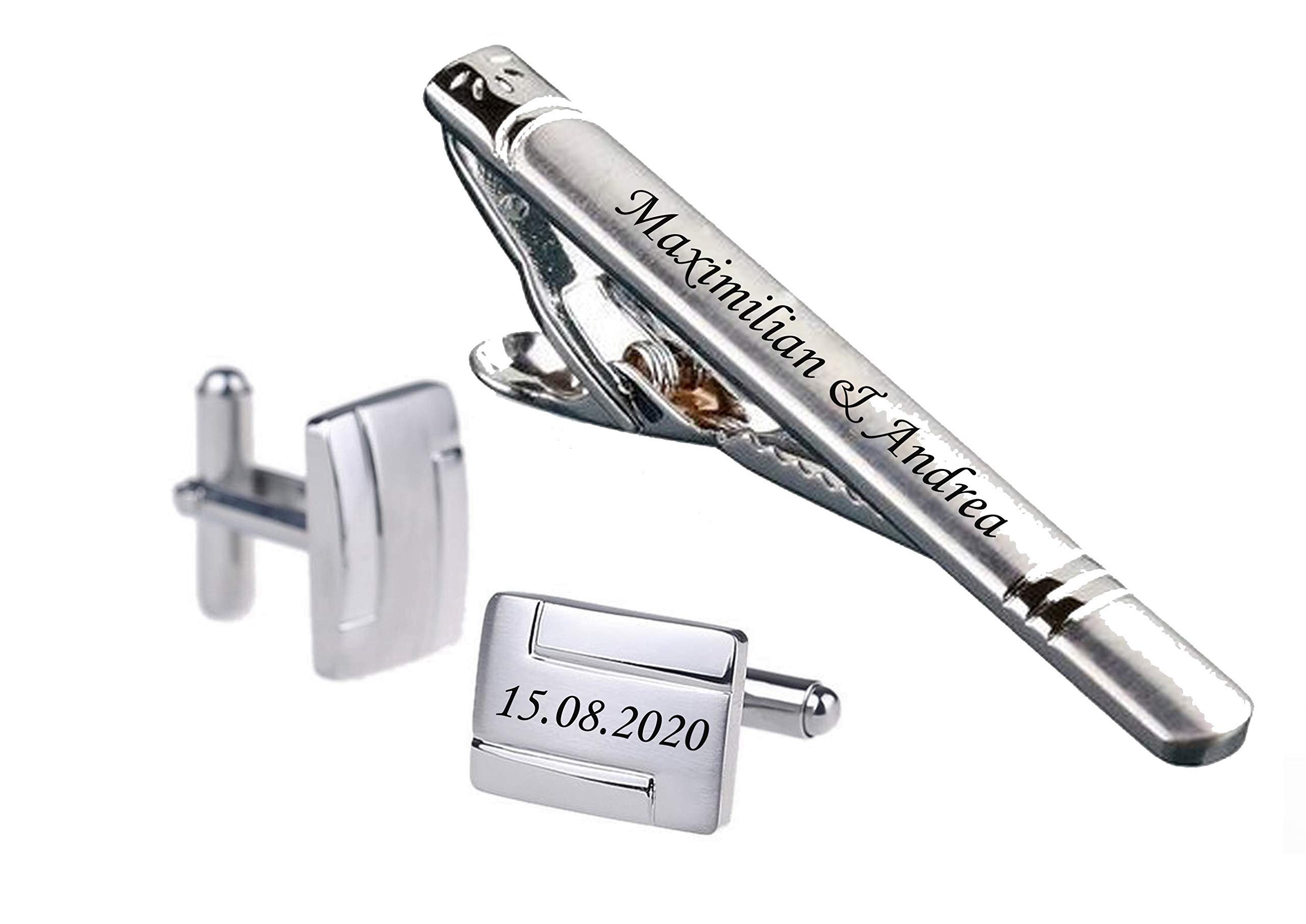 ID Krawattennadel + Manschettenknöpfe mit Gravur nach Wunsch Edelstahl in Silber Nr.3 Hochzeit mit Box