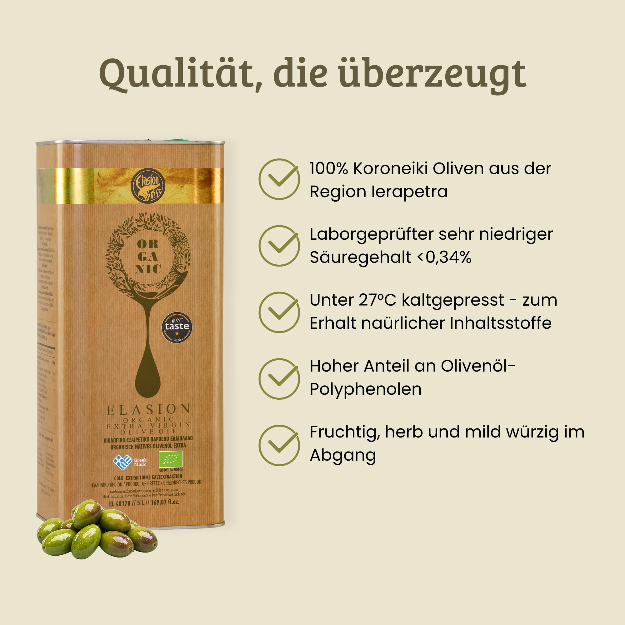 Griechisches Bio Olivenöl Elasion aus Kreta 5,0l Kanister | Extra nativ | Mittelkräftig | Kaltgepresst | 100% Koroneiki Oliven | Bio zertifiziert GR-BIO-06