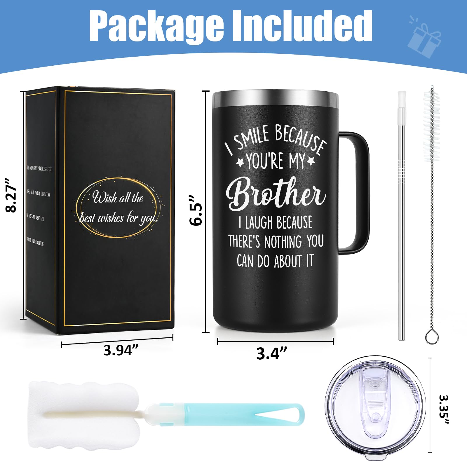 Lifecapido Brother Gifts from Sister, I Smile Because You’re My Brother 20 oz Insulated Coffee Mug, Christmas Birthday Gifts for Brothers, Black