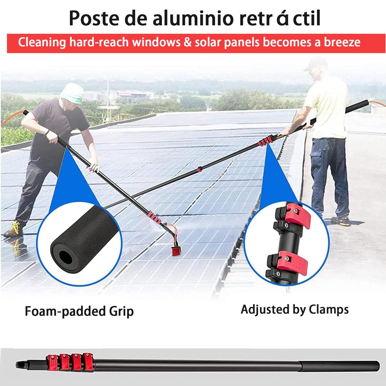Kit De Poste Alimentado por Agua De 30 Pies, Cepillo De Limpieza De Paneles Solares con Cabezal Ajustable, Equipo De Lavado De Ventanas con Mango Largo De Extensión(35cmbrushhead,3.6m)