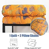 Vista 5 de Juego de edredón reversible de ginkgo tamaño King con 2 fundas de almohada, juego de colcha de algodón suave, ligero y acolchado para todas