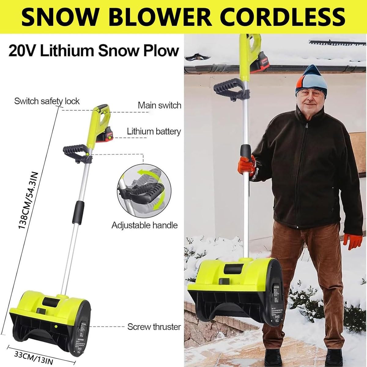 Pala da Neve elettrica a Batteria, spazzaneve Elettrico a Spinta da 20V da 12 Pollici,spazzaneve a direzione Regolabile da 1200W con Batteria agli ioni di Litio da 4,0Ah e Caricabatterie