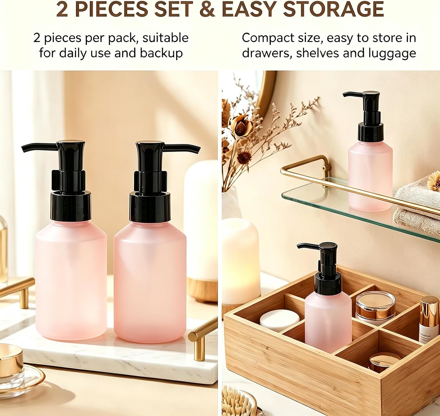 2 Pcs 2oz/60ml Pink Frosted Glass Lotion Pump Bottles