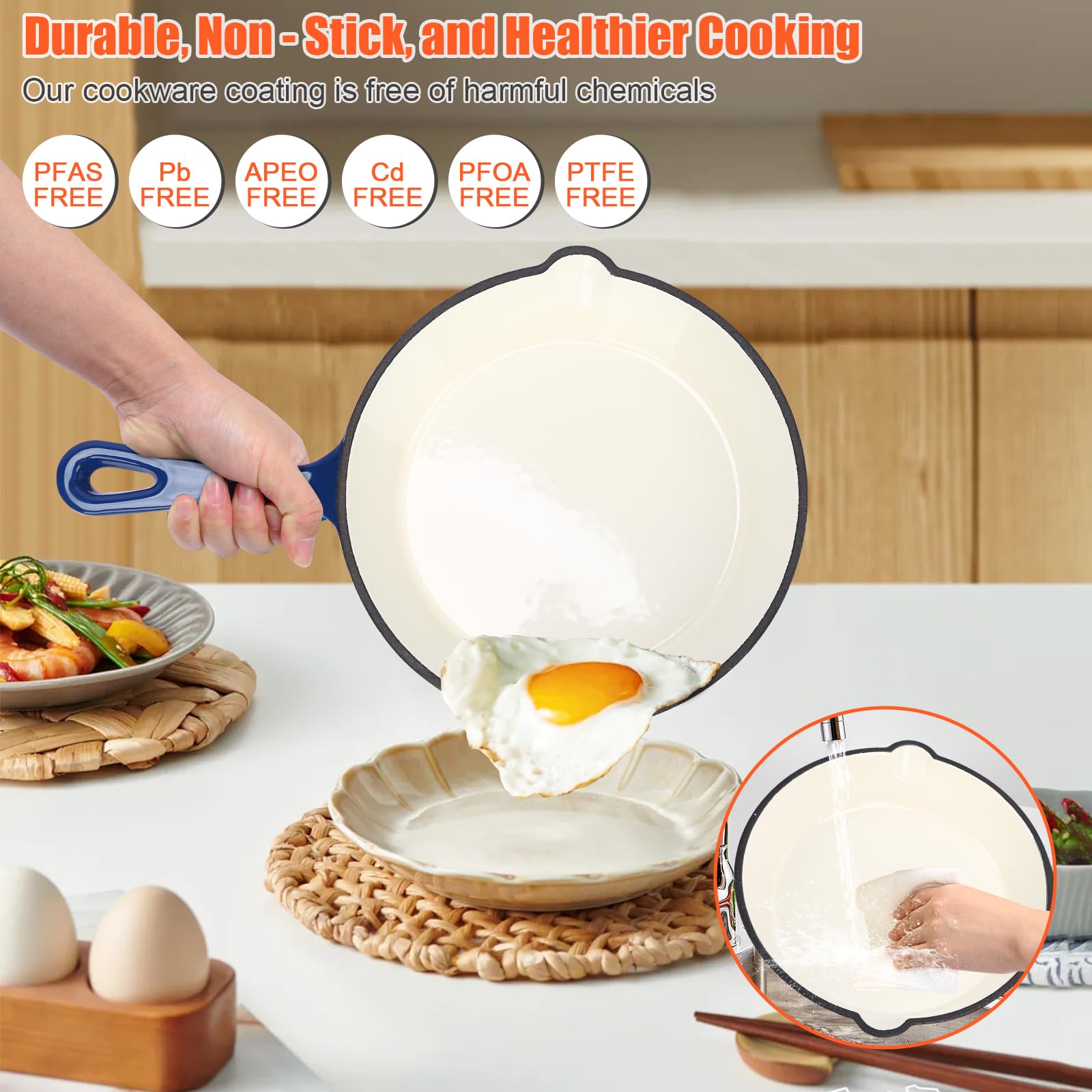 GFTIME Antihaft Emaille Gusseisen Kochgeschirr Set, 8 teiliges Töpfe und Pfannen mit Deckel, Bratpfanne, Schmortopf, Soßentopf, Runder Dutch Oven für Brotbacken auf allen Herdarten, Marineblau
