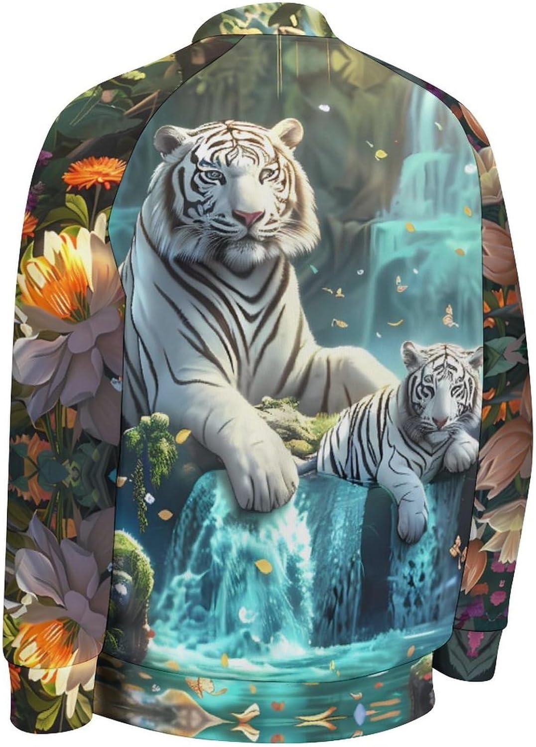White Tiger Waterfalls Novelty Men's Baseball Jackets Causal Sweatshirt Button Top Long Sleeve Coat