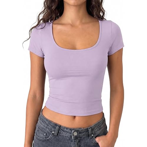 Short Sleeve Square Neck Crop Top for Women Soft Workout Shirt Going Out Tops Sexy Slim Fitted Casual Base Layer Lightweight