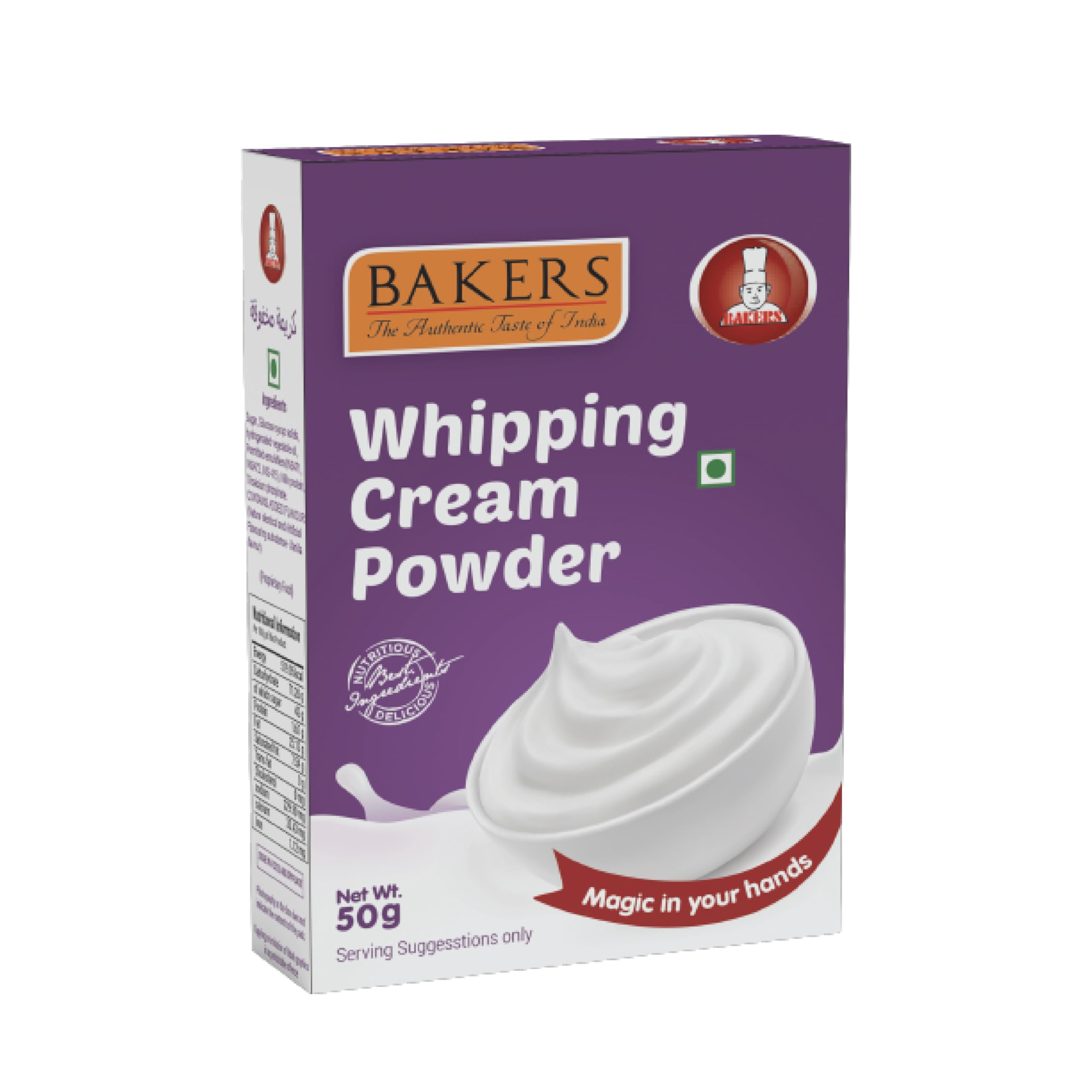 BAKERS Whipping Cream Powder Mix | Sweet & Fruity | Fluffy for Cakes, Muffins, Cup Cakes, Tarts, Coffee | No Sugar Needed | Instant Premix (Vanilla (50g))
