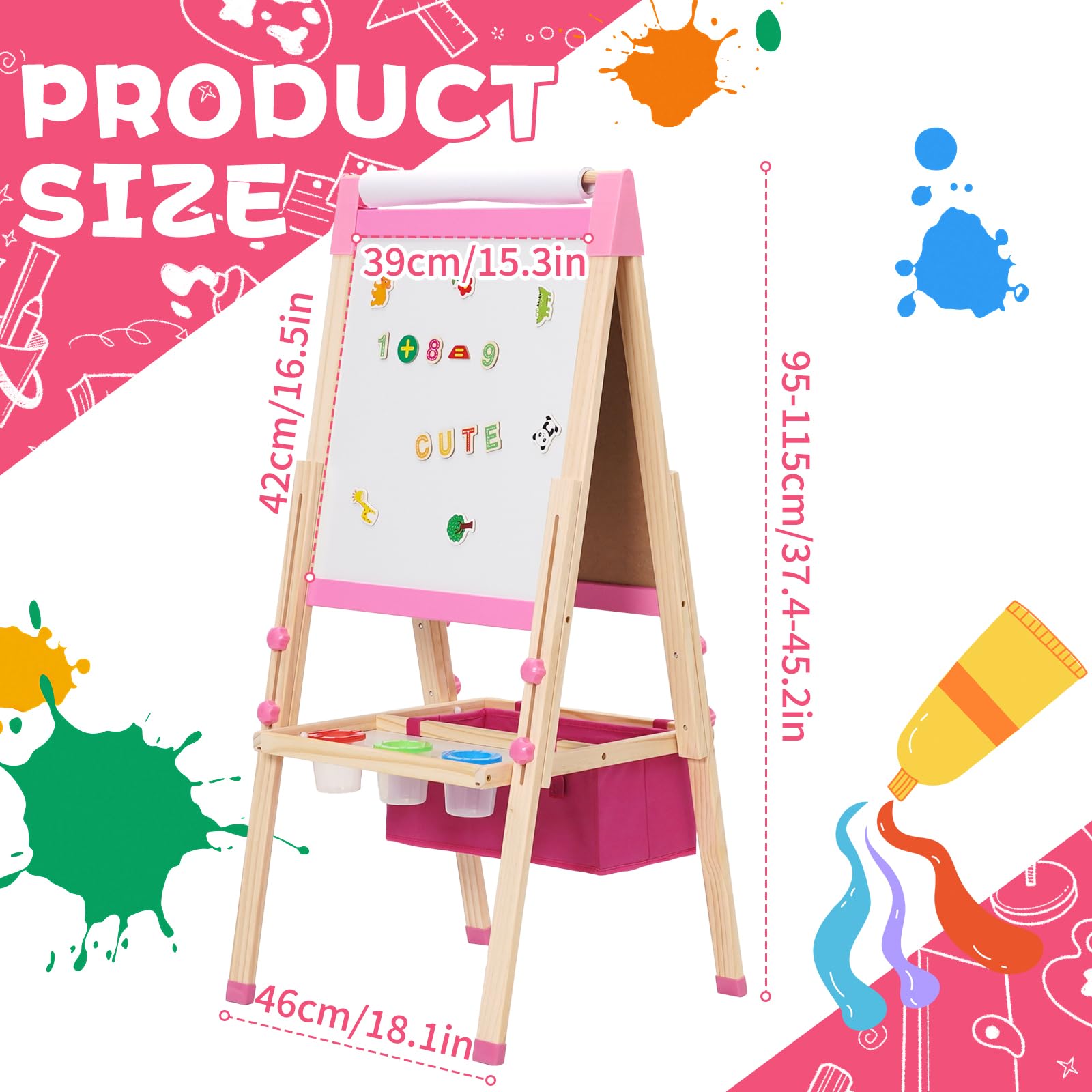 3 in 1 Lavagna per Bambini con Rotolo di Carta,Contenitore e Set da Disegno,Cavalletto Artistico Pieghevole,Lavagna Doppia Faccia,Tavolo da Disegno per Bambini Dai 3 Anni in Su Rosa