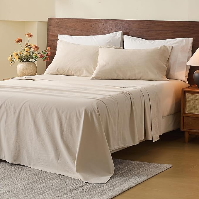 MEISHANG 100% French Pure Linen Sheets Queen Size - Bed Sheets 4 Piece Sets, Soft Durable Flax Linen, Anti-Tear Breathable Oeko-Tex Certified with 16" Deep Pocket (Linen)