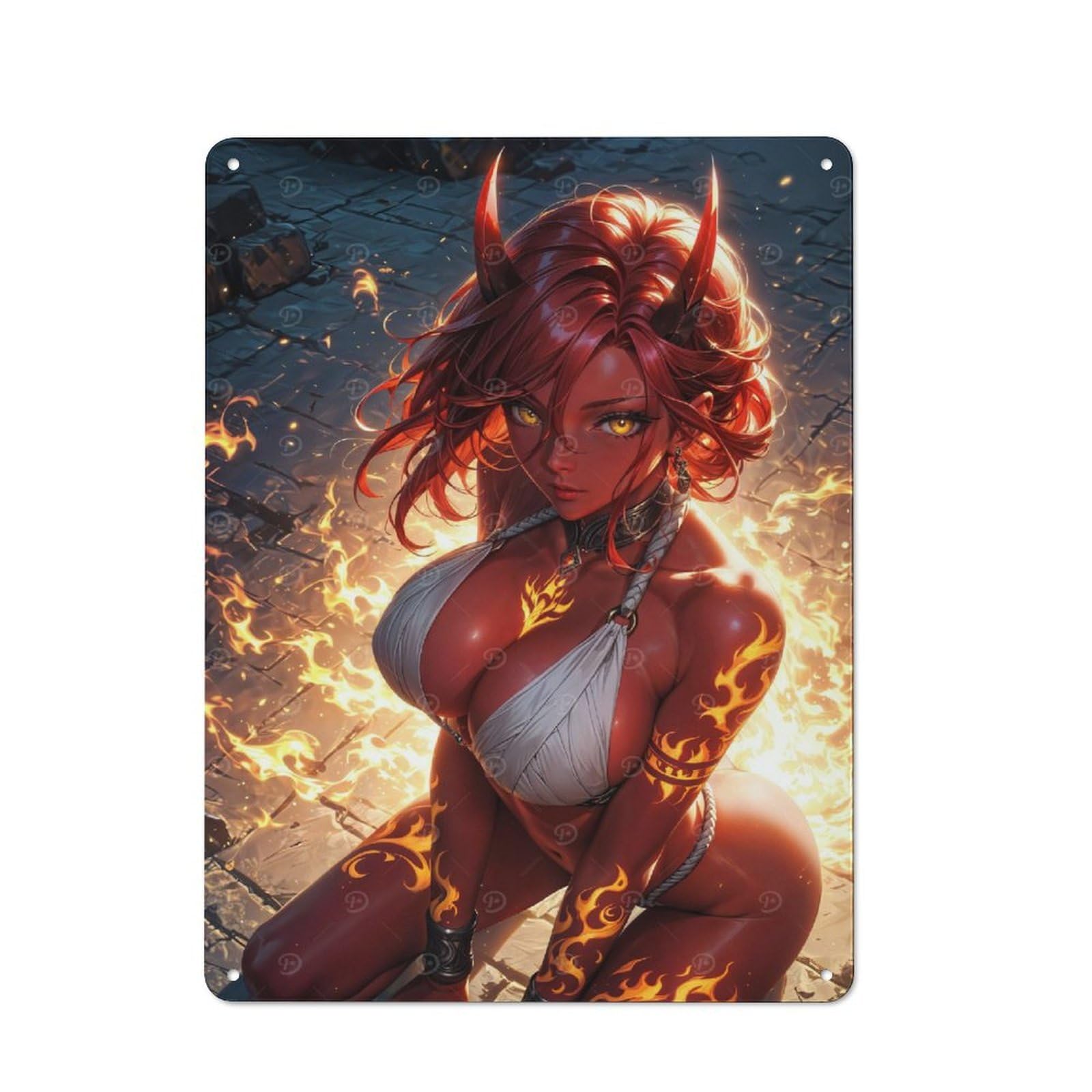 Junmoney Style-4 Hot Fiery Demoness Rustic Tin Sign 40X30cm For Café Or Restaurant, For Café Owners And Decorators, For Retro Home Interiors