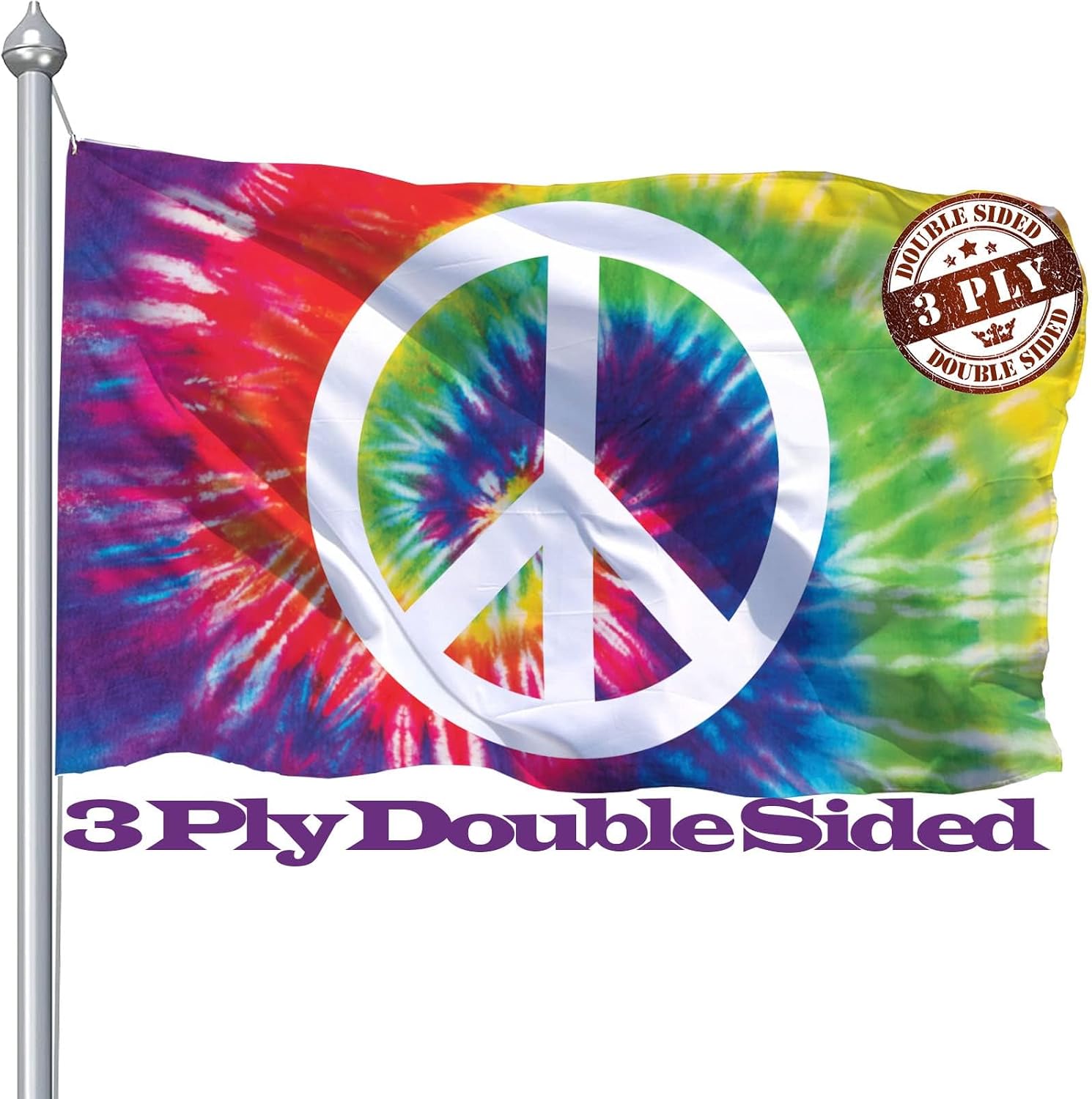 Tie Dye Peace Flag 3x5 Feet, Rainbow Hippie World Peace Sign Banner, Double Sided Outdoor Decorative Flag, Fade Resistant Fabric Symbol Decor for Garden Patio Wall (3Ply Doube Sided Peace Flag)