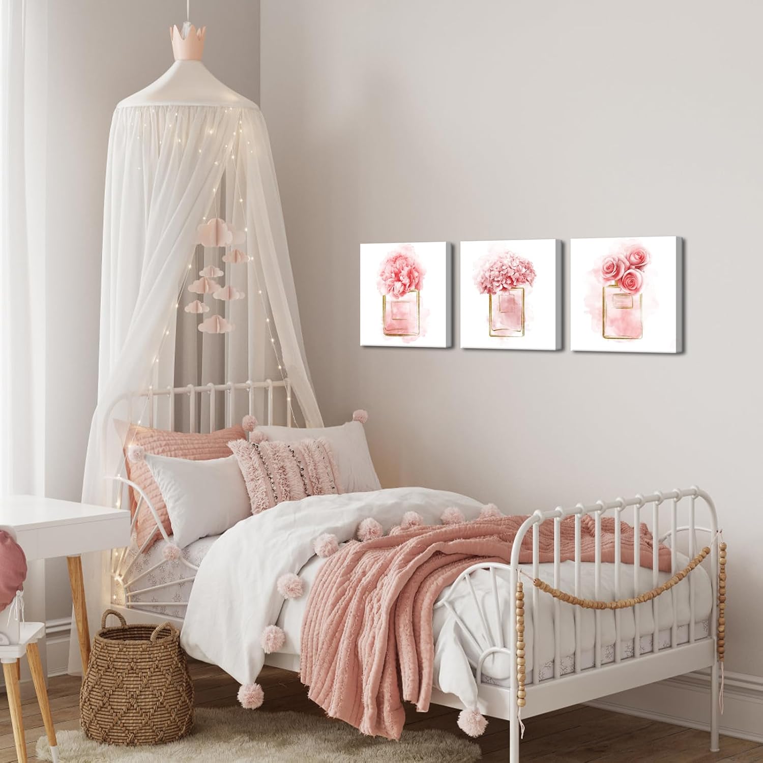 Apicoture Pink Flower Wall Art Pink Floral Perfume Bottle Wall Art Fashionable Perfume Floral Wall Deocr for Bathroom Womens Girls Dressing Room Bedroom Wall Decor Ready to Hang12 X12 X3