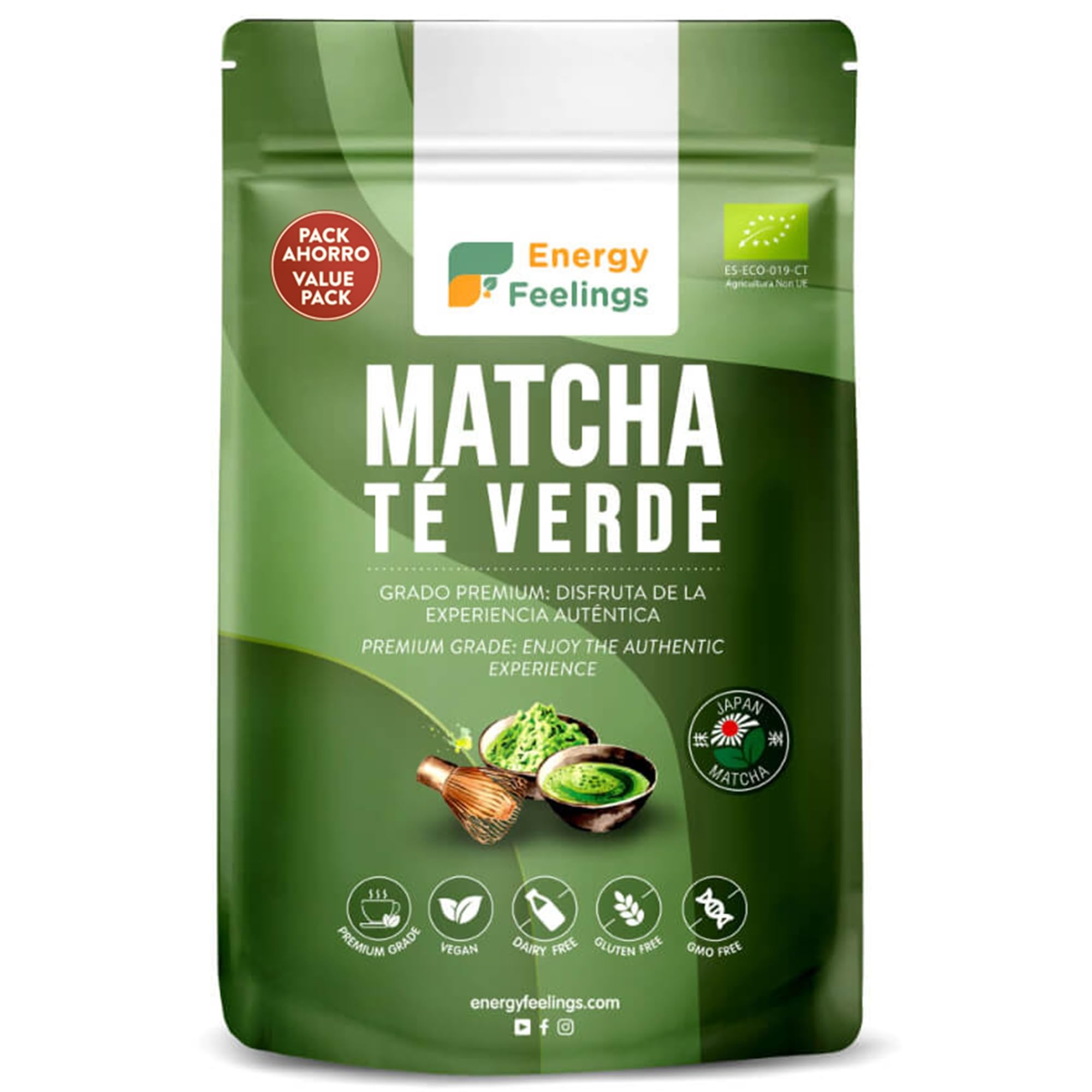 Energy Feelings Té Matcha en Polvo Premium 200g, Té Verde Matcha Japonés Orgánico Puro, Rico en Antioxidantes Naturales, Green Tea Powder, Ideal para Latte, Vegano, Sin Gluten, Sin Lactosa