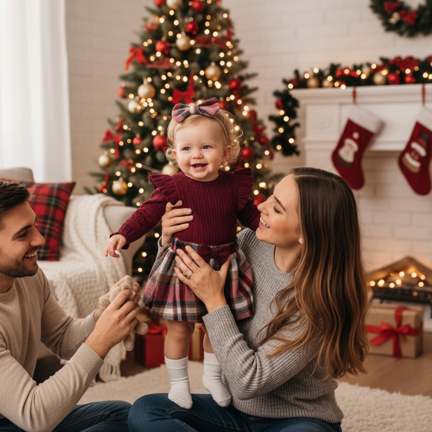 Weixinbuy Baby Girls Fall Outfits 3-Piece Set Long Sleeve Romper & Plaid Skirt Headband Soft Snap Closure 0-18M - Image 5