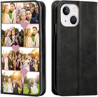 Styletify Personalized Photo Wallet Phone Case for iPhone 15,Custom Multi-Picture Folio Flip Case PU Leather Customized Case with Card Slots and Kickstand Shockproof Cover Black 3 Heart