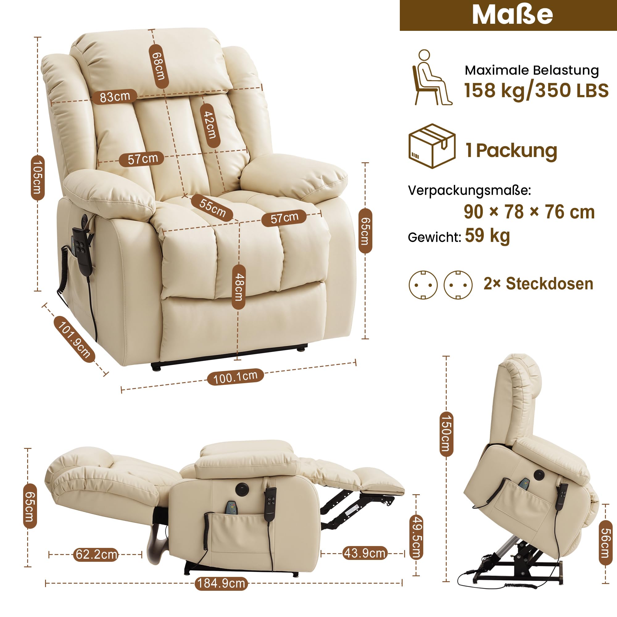DUANDUAN 2 Motoren Elektrischer stufenlos verstellbar Relaxsessel mit 180° Liegefunktion, Sessel mit Schlaffunktion, Massagesessel mit Aufstehhilfe,Vibration und Heizung (Beige)