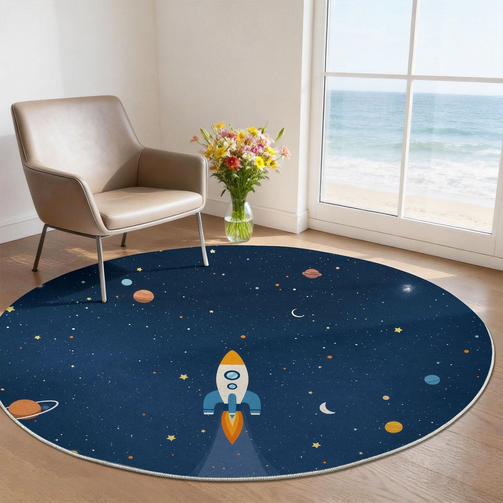 200 cm Tapis de Salon Rond à Poils Courts, Espace Cartoon Tapis de Sol Décoratif Doux et Confortable, Bleu Blanc Fusée Planètes Lune Lavable et Antidérapant pour Salon Chambre Chambre d'enfant