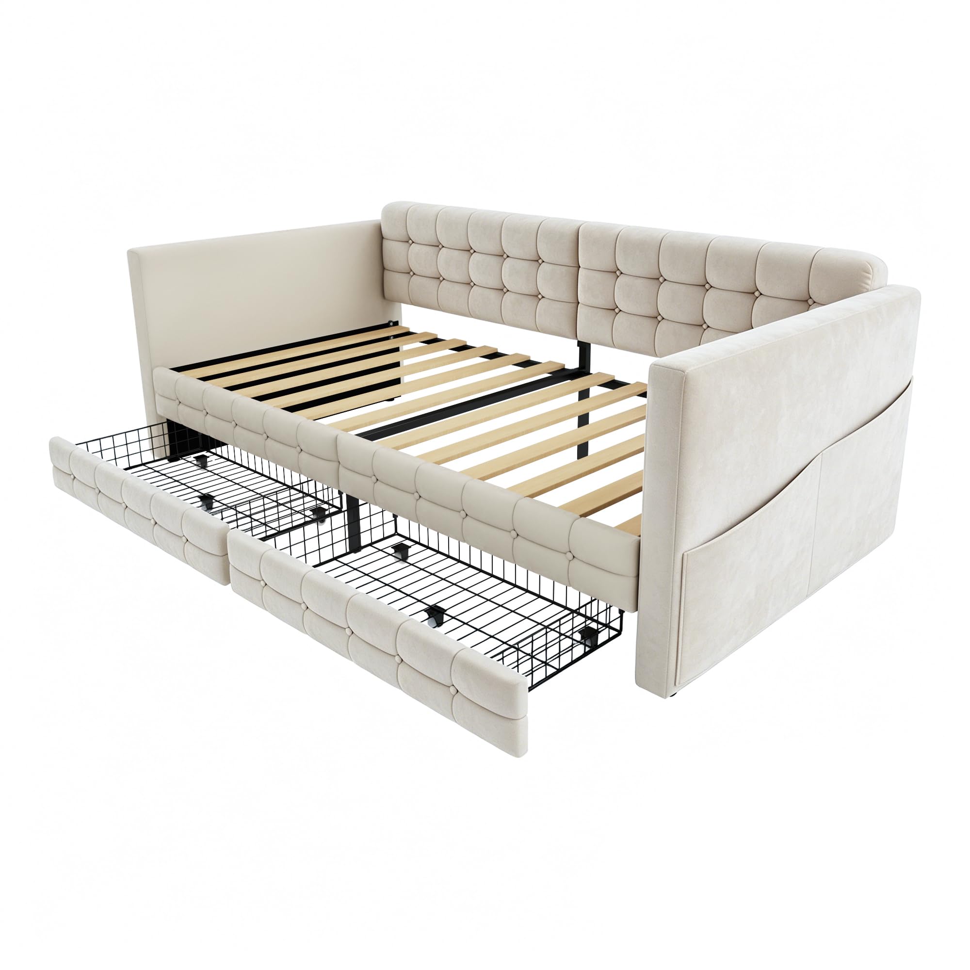 Estructura de Sofa Cama Individual 90x190cm Cama Tapizada con 2 Cajones Mueble Dormitorio Base de Cama Somier Madera Bolsillos Laterales Habitacion Invitados Terciopelo Beige