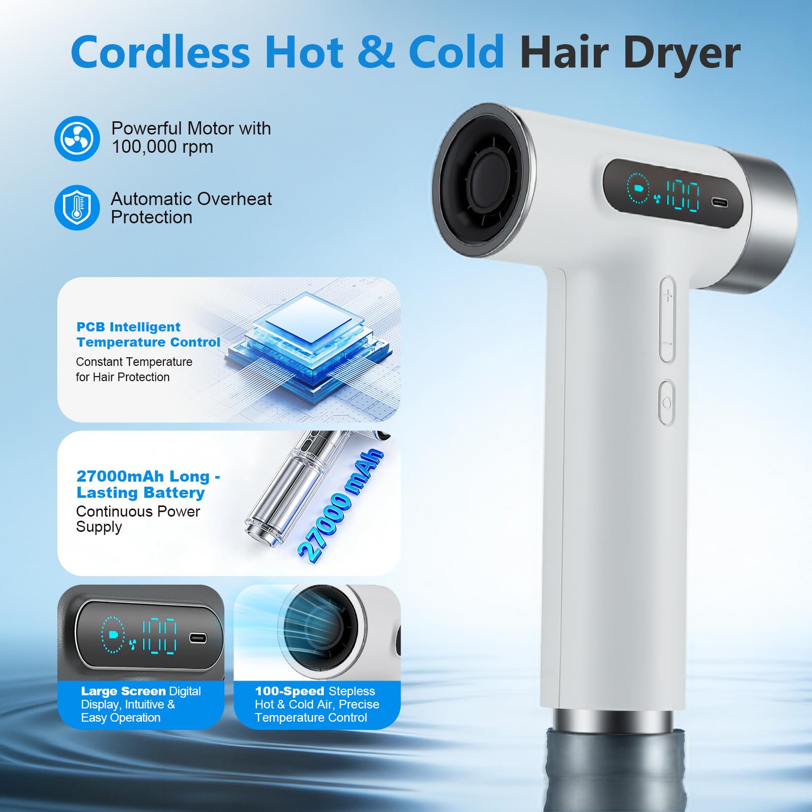 Secador de pelo portátil Pro Battery Travel de 27000 mAh - Sin cable con 100 temperaturas y velocidades - Portátil con pantalla digital para camping, viajes y hoteles - Blanco