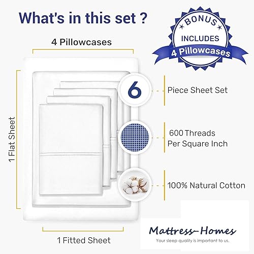 Miniatura 7 de Mattress-Homes Juego de sábanas tamaño King de 6 piezas con bolsillo extra profundo, colección de lujo de hotel, 100% algodón egipcio, sábana bajera
