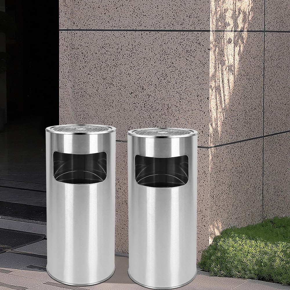 OHMG Mülleimer für den Garten, 30 l, abnehmbarer Aschenbecher auf Standfuß aus Edelstahl, runder Mülleimer mit Mülleimer und Inneneimer, für Innen/Außenbereich, kommerziell (25 x 25 x 60 cm (Silber)
