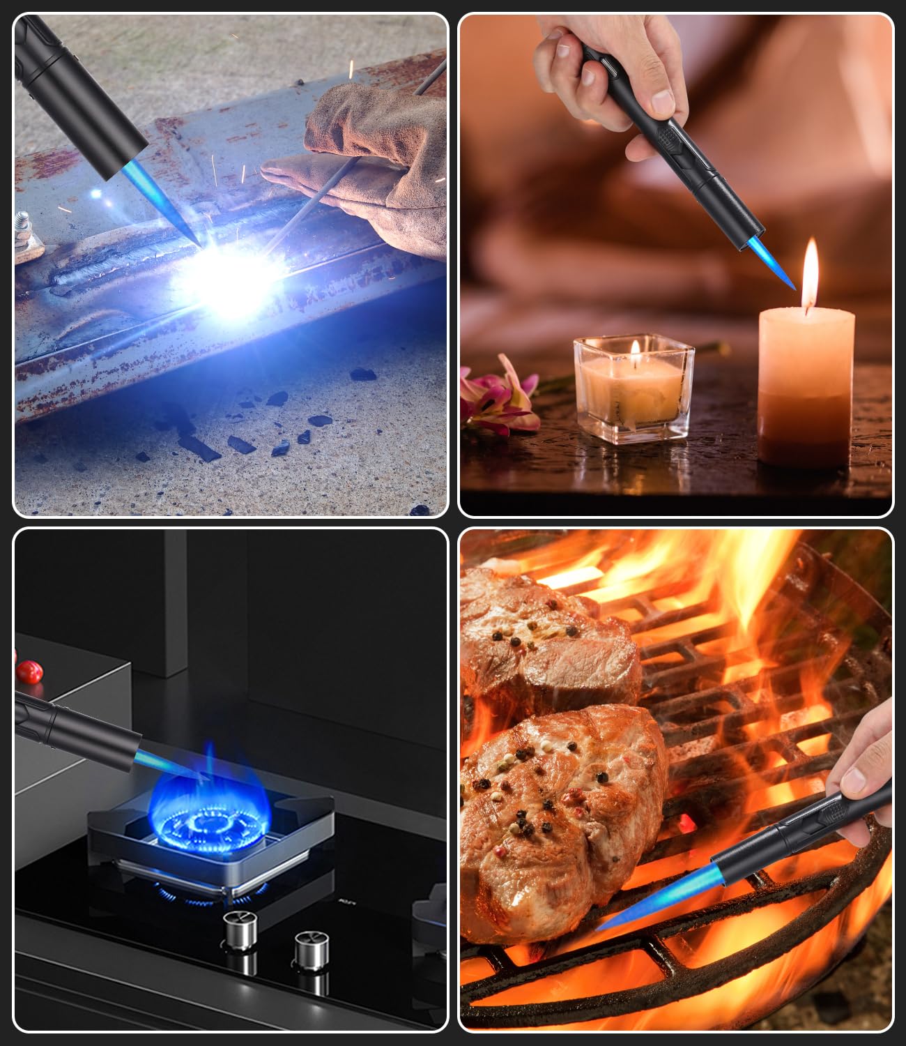 Zawaer Accendino a Gas Butano Antivento, Ricaricabile, Jet Flame Accendino a Fiamma Lunga per Cucina, Fuochi d'artificio, Campeggio, Barbecue, Camino, Regalo da Uomo (Senza Gas) (Nero)