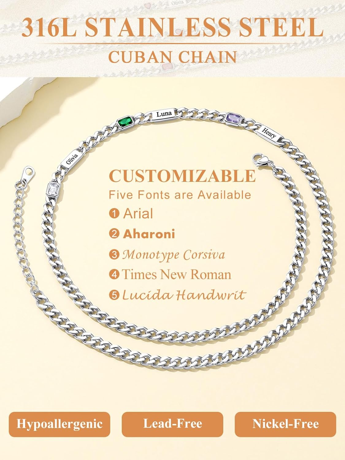 Custom4U Personalized Cuban Link Birthstone Necklace for Women Men, Stainless Steel Cuban Chain 5mm Custom 1-6 Names, Jewelry Gifts for Birthday, Mothers Day, Christmas, Fathers Day