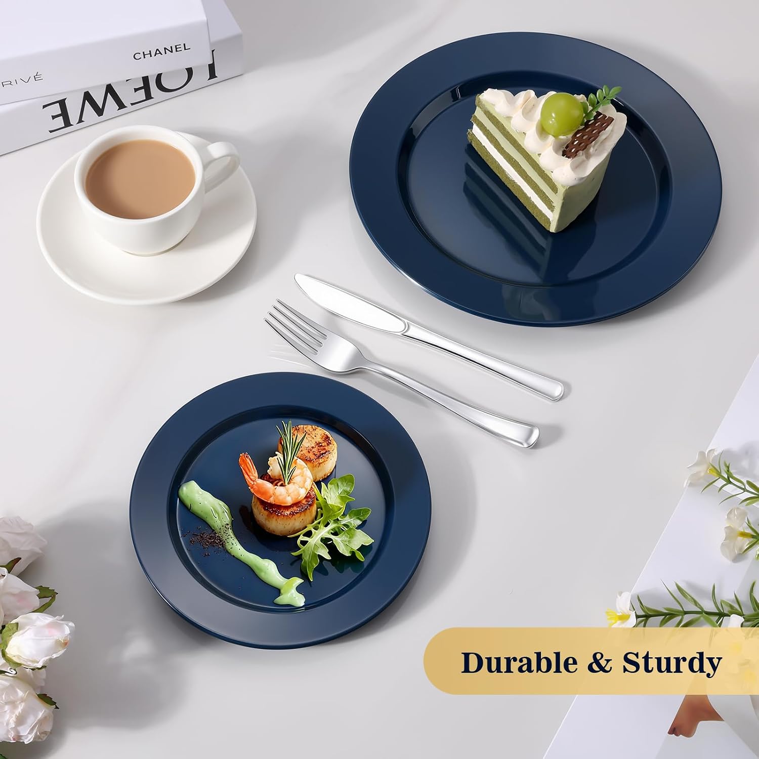 Goodluck 200PCS Navy Blue Plastic Plates, Heavy Duty Disposable Blue Plates with 100 10.25 inch Dinner Plates and 100 7.5 inch Dessert Plates for Party, Holiday, Wedding