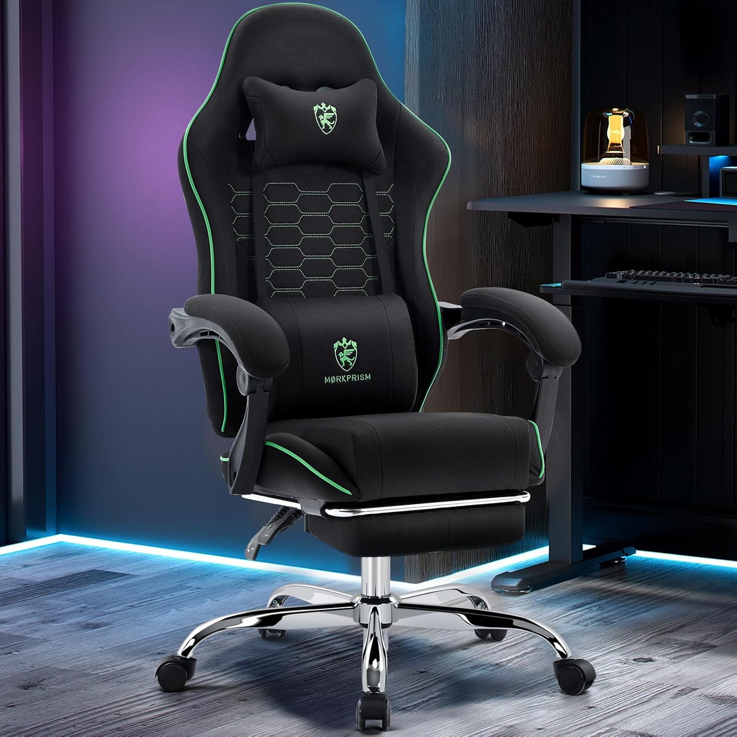 Gaming Chair Breathable Fabric,Computer Office Chair with Footrest,Massage Lumbar Support and Gel Pad,Ergonomic Reclining Adjustable Gamer Chair with Headrest and Spring Cushion Black Green - Image 2