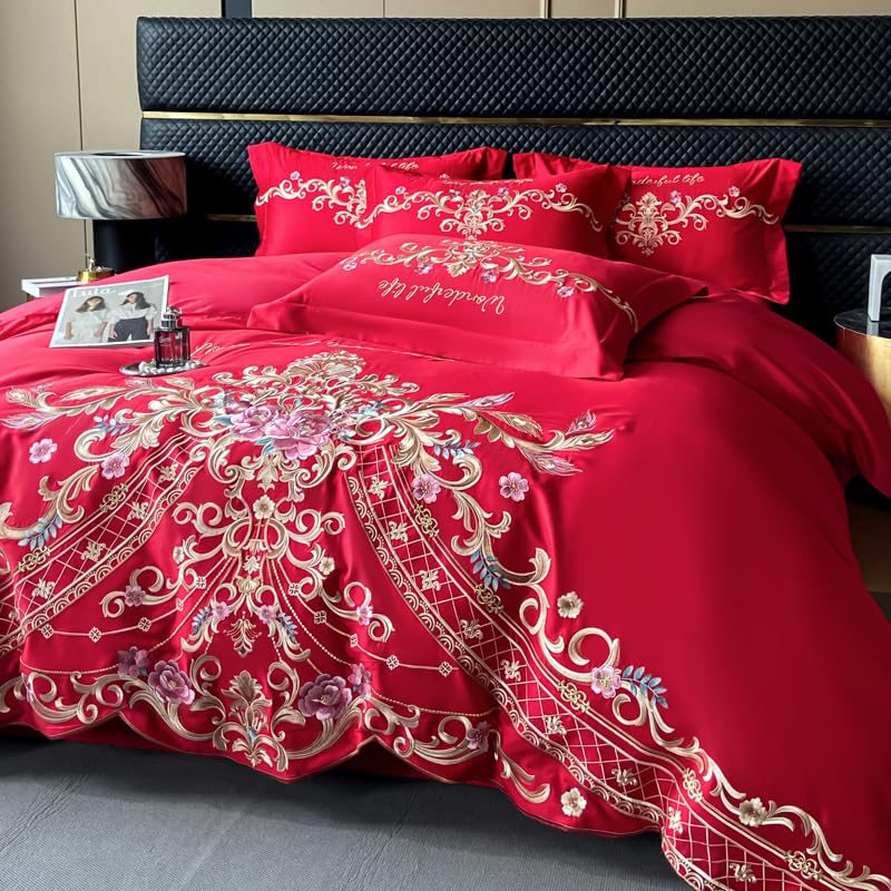Image of JJ's Imported Skin Friendly Pure Washed Cotton Heavy & Beautifully Embroidered Wedding Style 5 Pcs King Size Double Bed Luxury Bridal Bedding Set with Heavy Comforter /Quilt (RED 3)