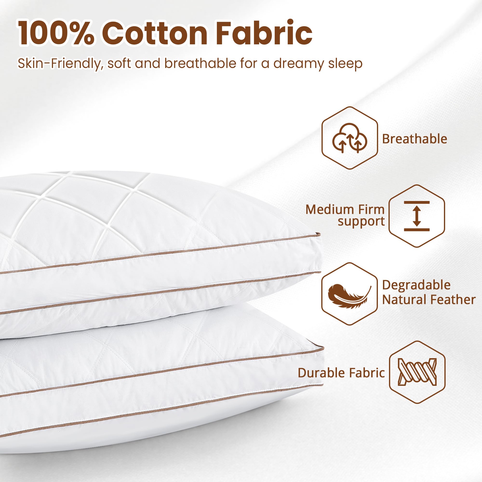 Deodar Cuscino in Piuma e Piumino 46X66X5cm Set di 2, Organica Lussuoso Cuscini Letto D'Albergo a 3 Camere, Federa Puro Cotone, Lavabile, Certificato Öko-Tex e RDS, Set di 2