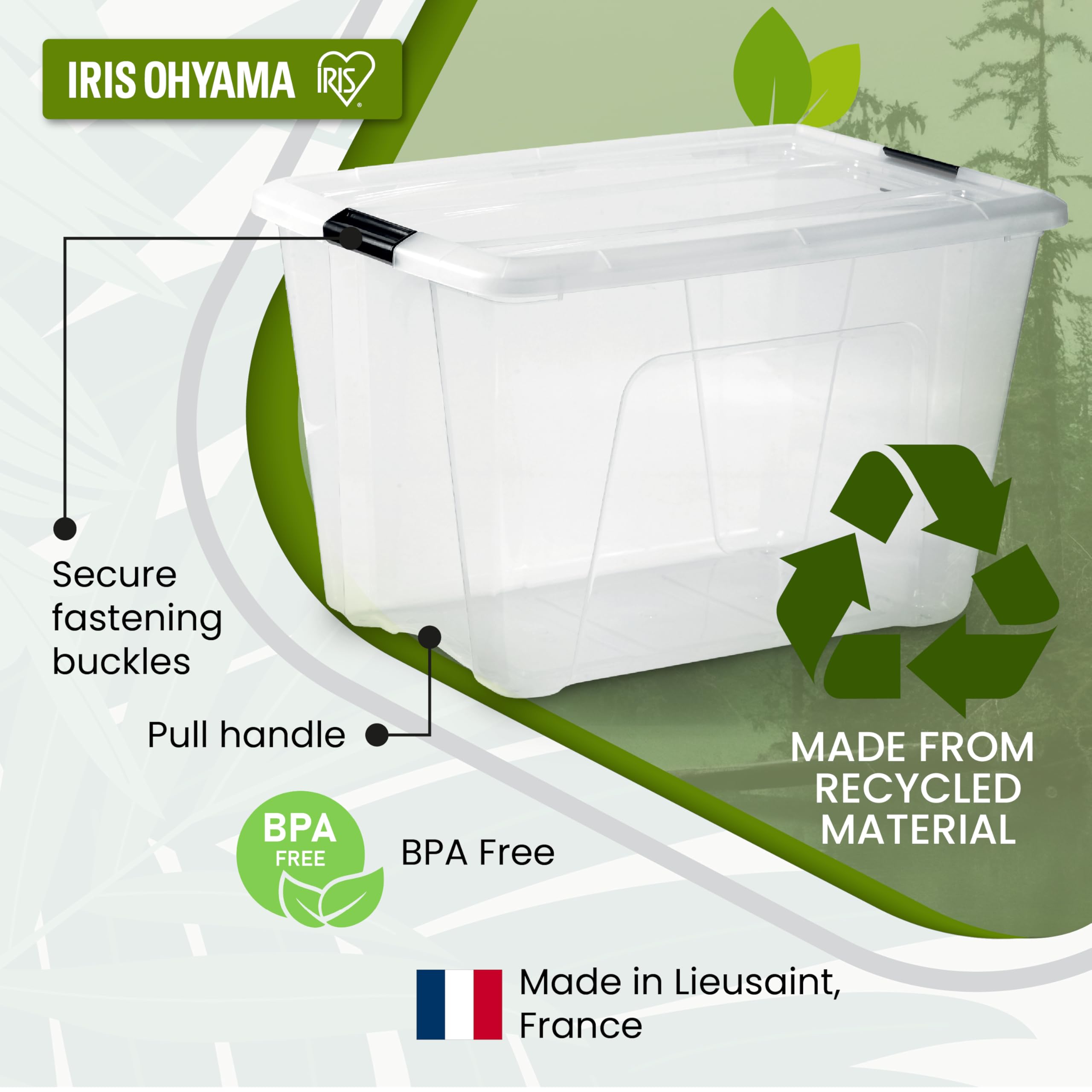 Iris Ohyama, Boite Rangement Plastique avec Couvercle, 45L, Lot de 3, Transparent, 98% en Plastique Recyclé, Clips de Fermeture, Poignée, Empilable