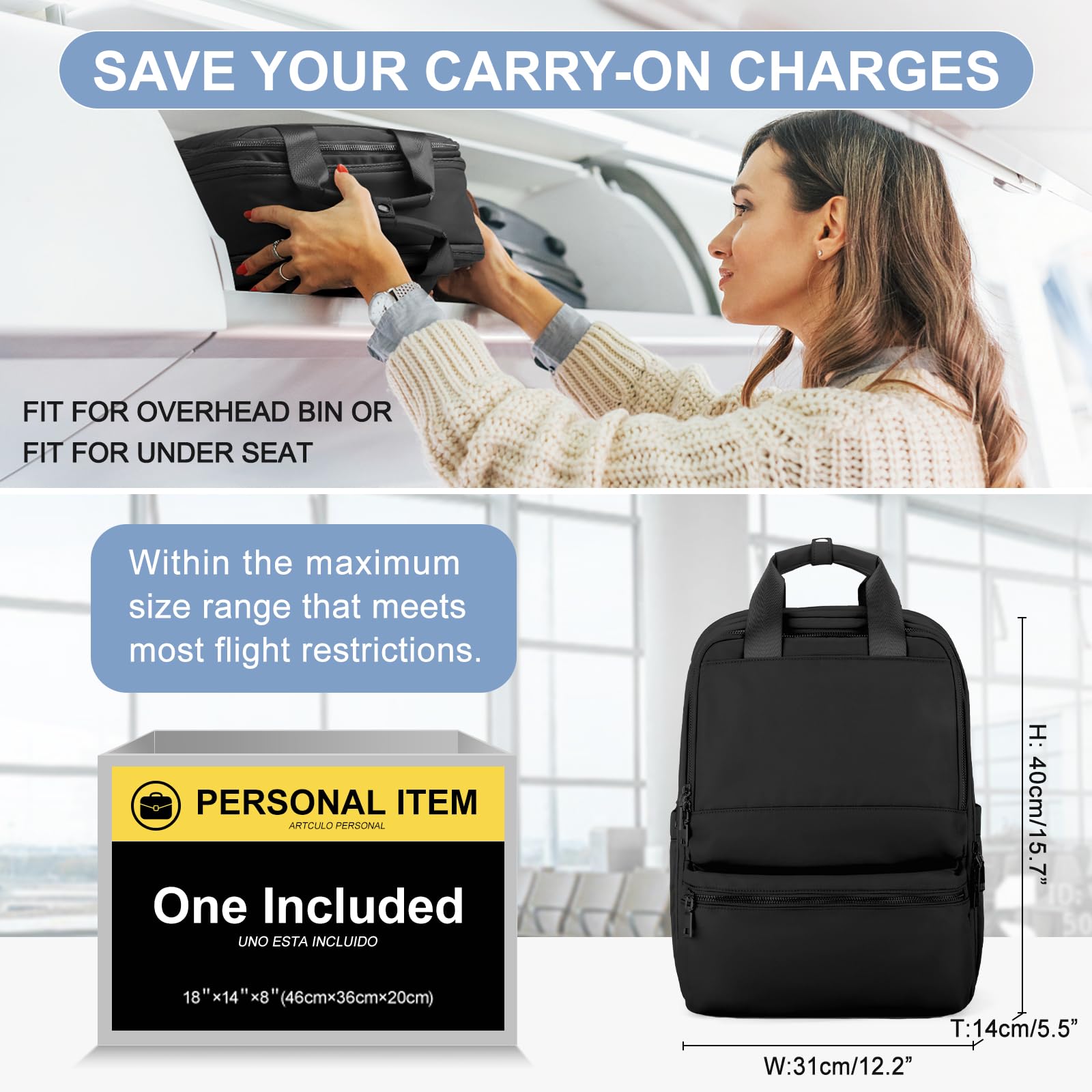 UPPACK Zaino Ryanair 40x20x25 Zaino Da Viaggio aereo Bagaglio a Mano Donna Zaino Borse da Cabina Borsa da Viaggio aereo Zaino per PC Impermeabile Casual Daypack