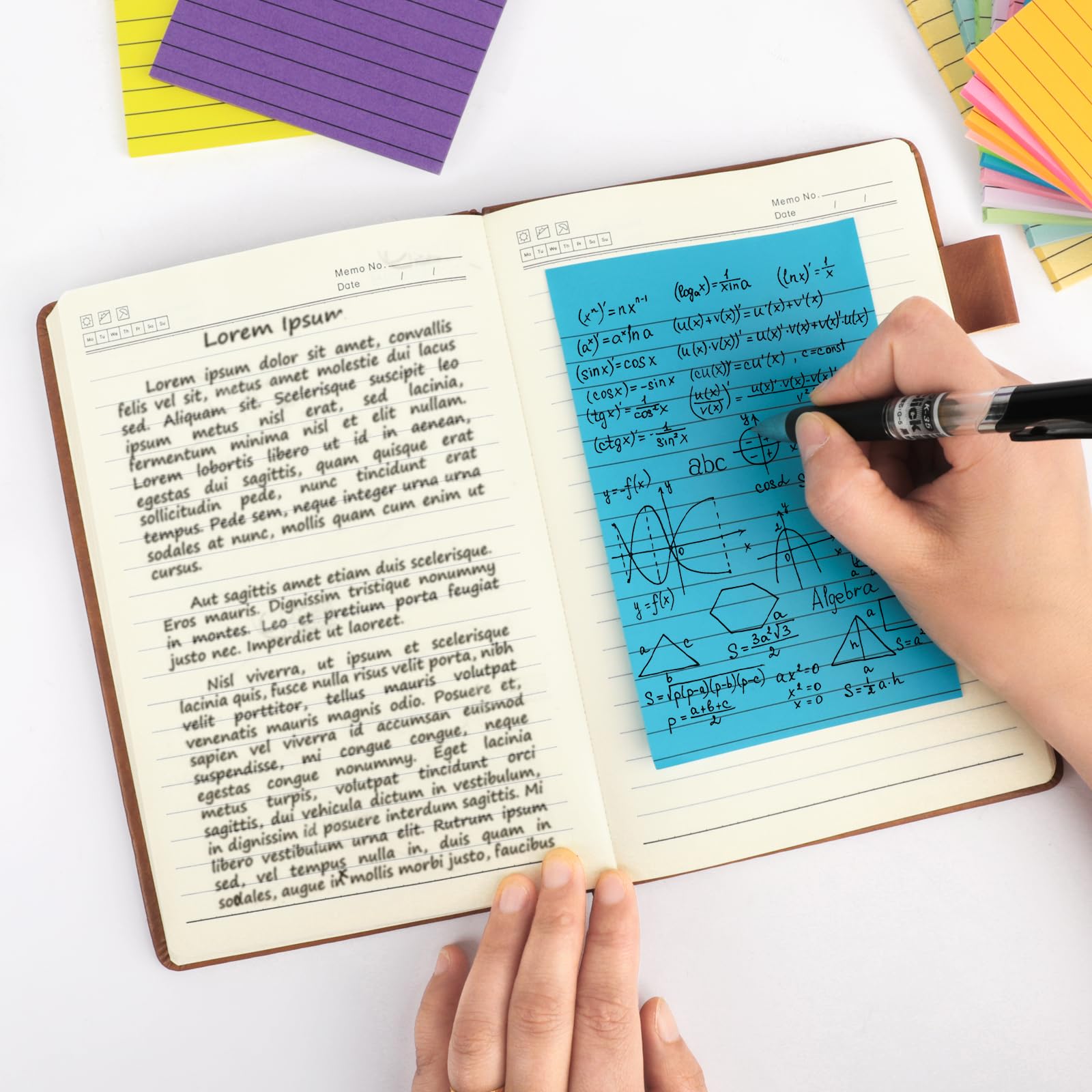 12 blocs de notas adhesivas forradas de 4 x 6 pulgadas, con líneas, autoadhesivas, 12 colores brillantes, 33 hojas/bloc