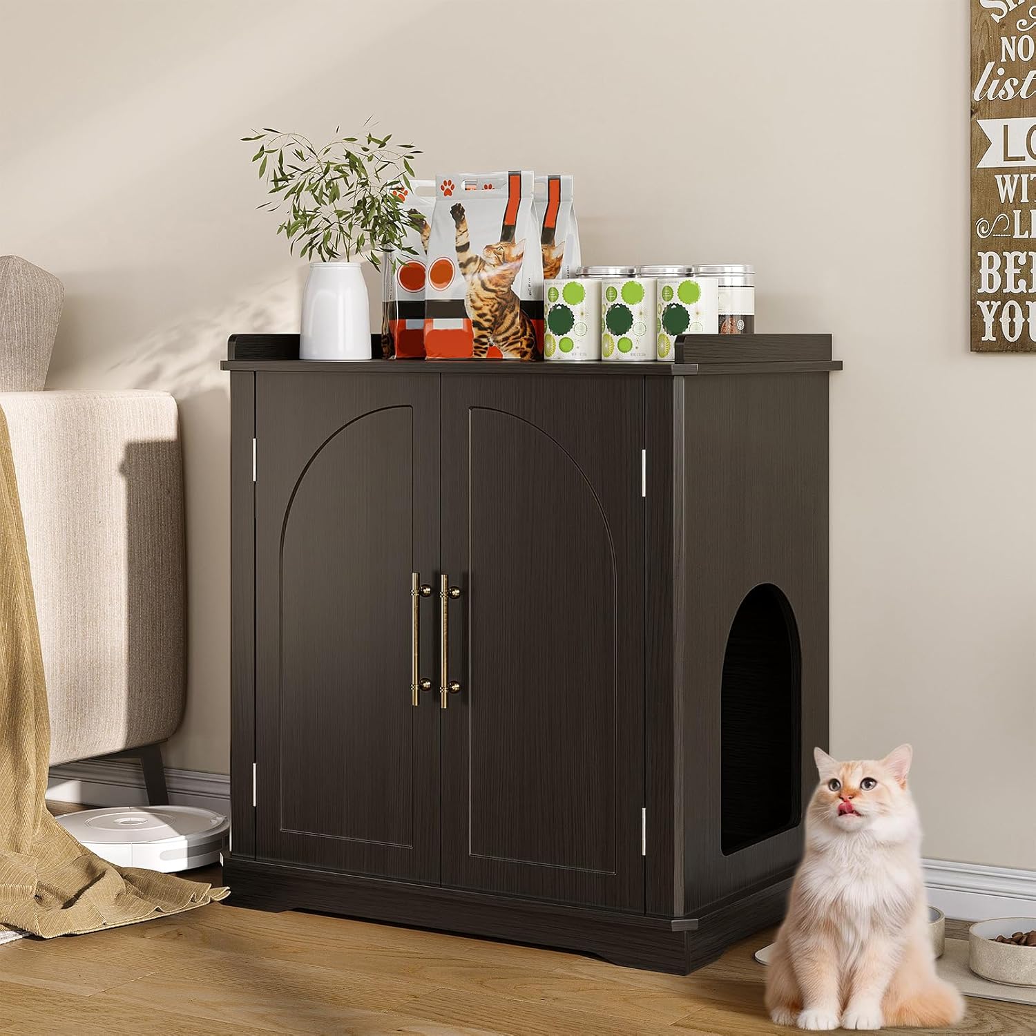 Cat Litter Box Enclosure Furniture, Hidden Litter Box Furniture with Removable Dividers, Reversible Entrance Can Be on Left or Right Side, for Hallway, Living Room, Black, 31.4" L