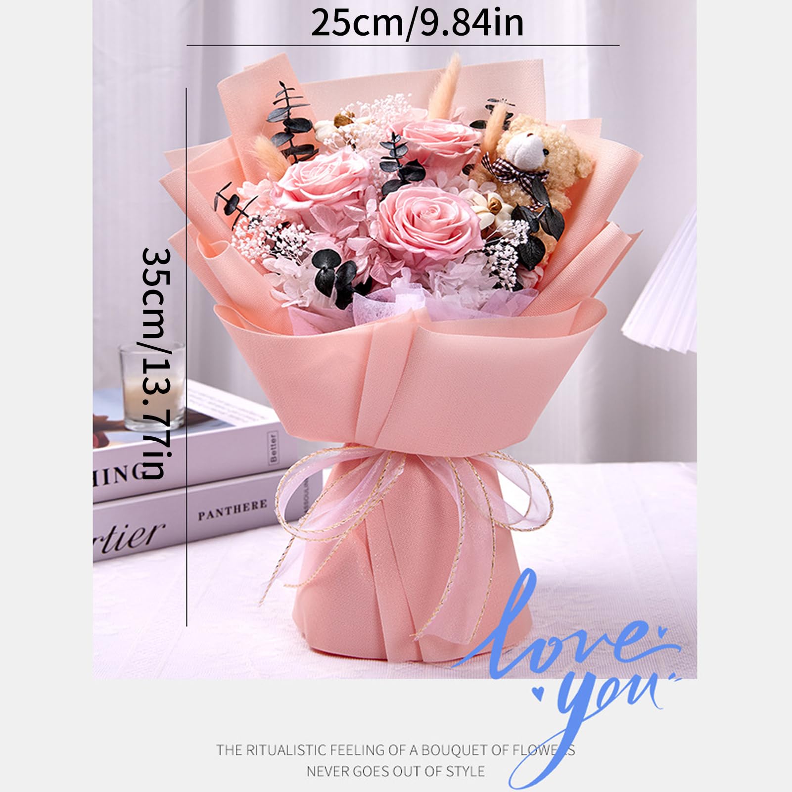 Bouquet de Roses Éternelles, Fleur Eternelle avec Un Ours, Fleurs Préservées avec Coffret Cadeau, Cadeau Femme, Maman, Épouse, Fête des Mères, Saint-Valentin, Anniversaire