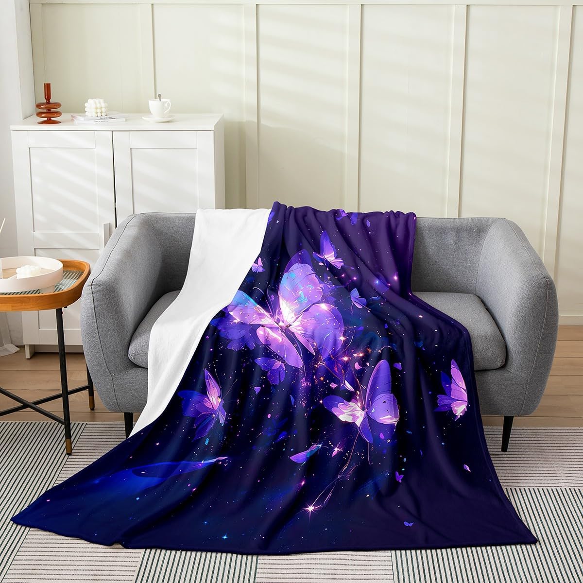 Feelyou Purple Butterfly Plush Throw Blanket, Women Twin 60"x80" Glitter Butterfly,Bed Blanket for Sofa Couch Galaxy Purple Flannel Fleece Blanket Beautiful Animal