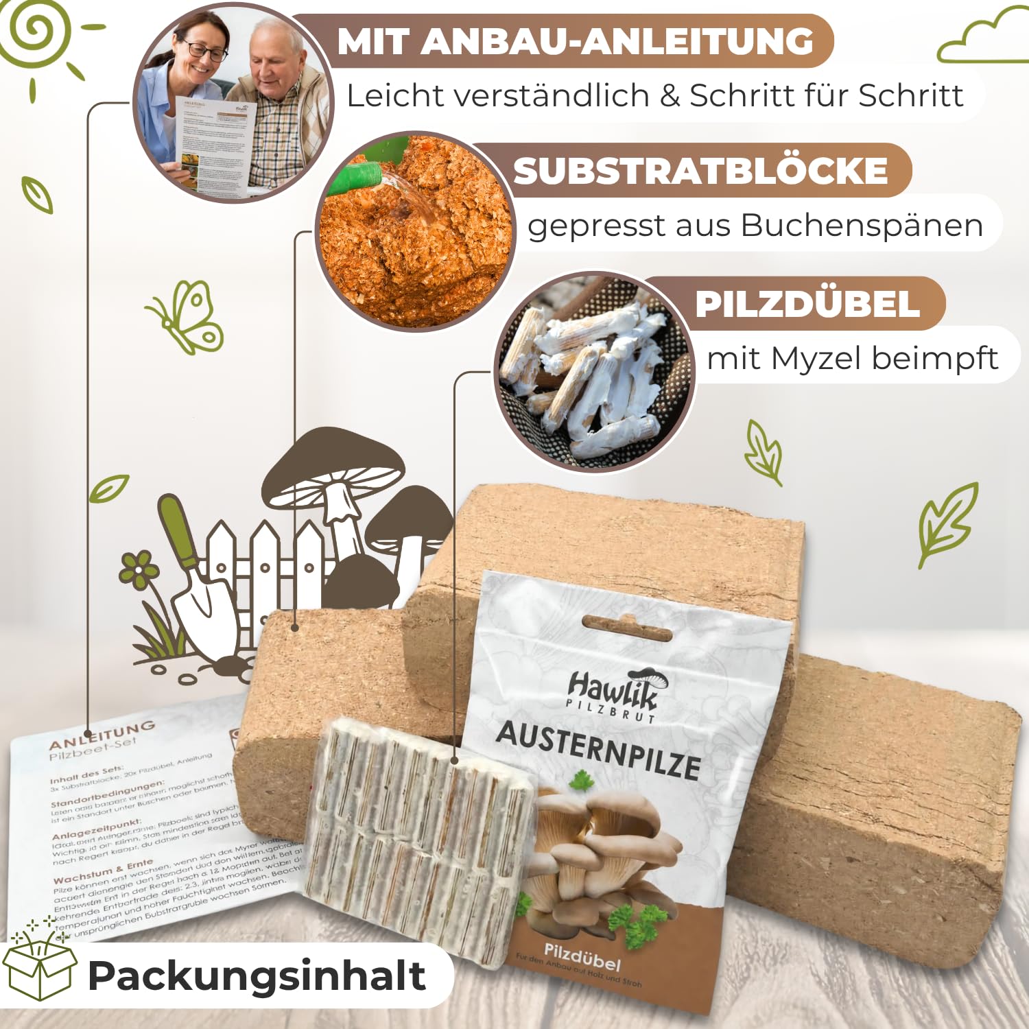 Hawlik Pilzbrut - Pleurote Kit de culture de champignons pour le jardin - Un jeu d'enfant pour créer votre propre champignonnière et récolter des pleurotes fraîches - Kit champignon